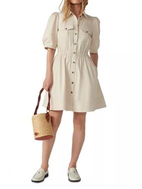 NWT $375 ba&sh Cream Lincoln Button-Front Puff Sleeve Shirtdress